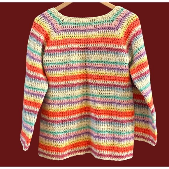 Hand Knit Rainbow Stripe Bohemian Cozycore Open Cardigan Craftcore Rare Festival - Picture 4 of 4